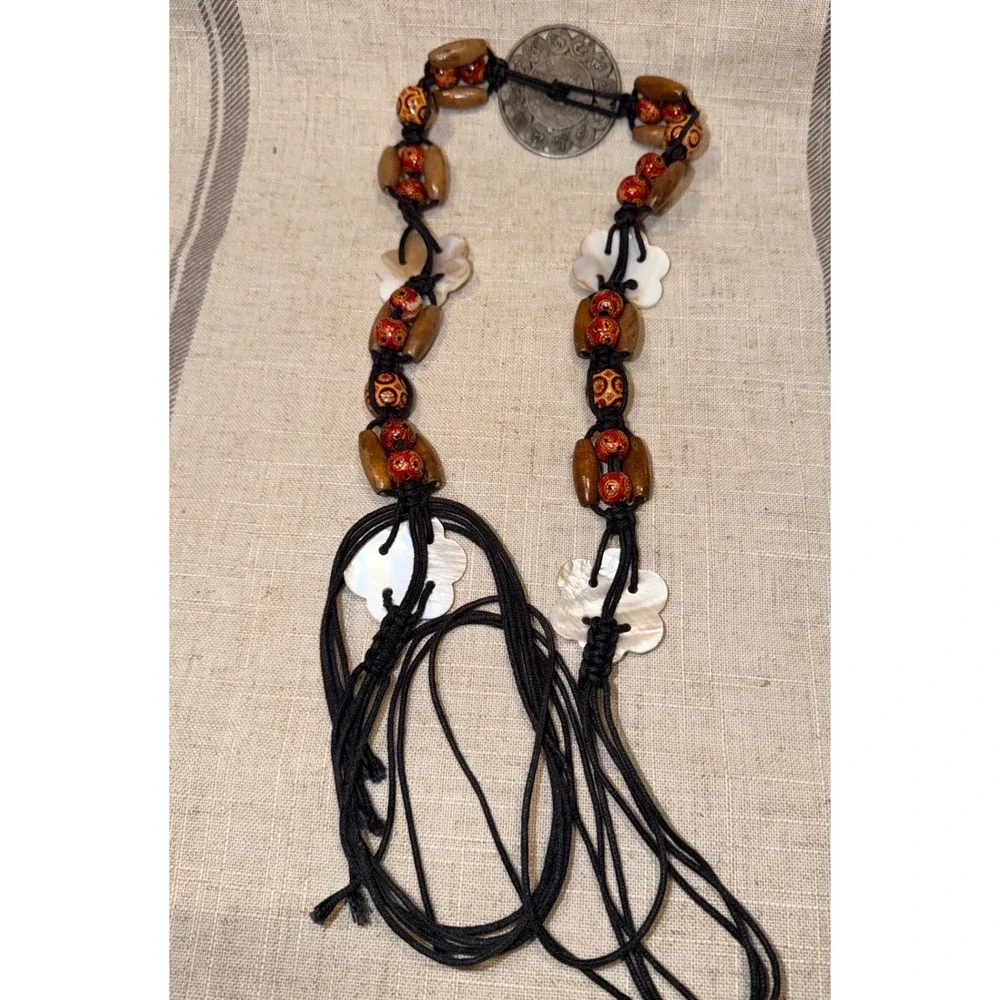 Boho Macrame Cord Belt Wood Beads Mother of Pearl Shell Chinese Zodiac Medallion